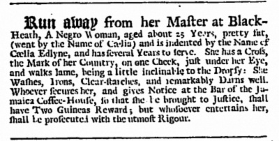 Newspaper ad for runaway slave Cælia