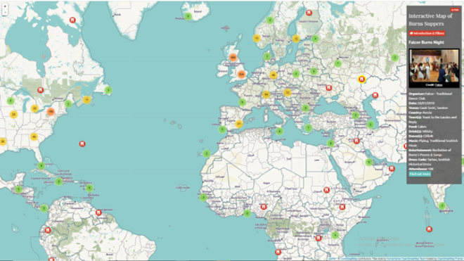 World map indicating the locations of Burns Suppers which took place in 2019