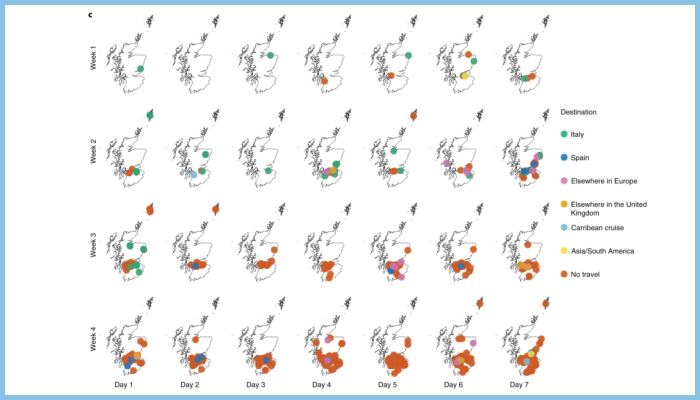 Spatial distribution and associated travel history over the first 4 weeks of the outbreak. Testing of community cases ceased on day 1 of week 3 (14 March) and lockdown occurred on day 2 of week 4 (23 March).