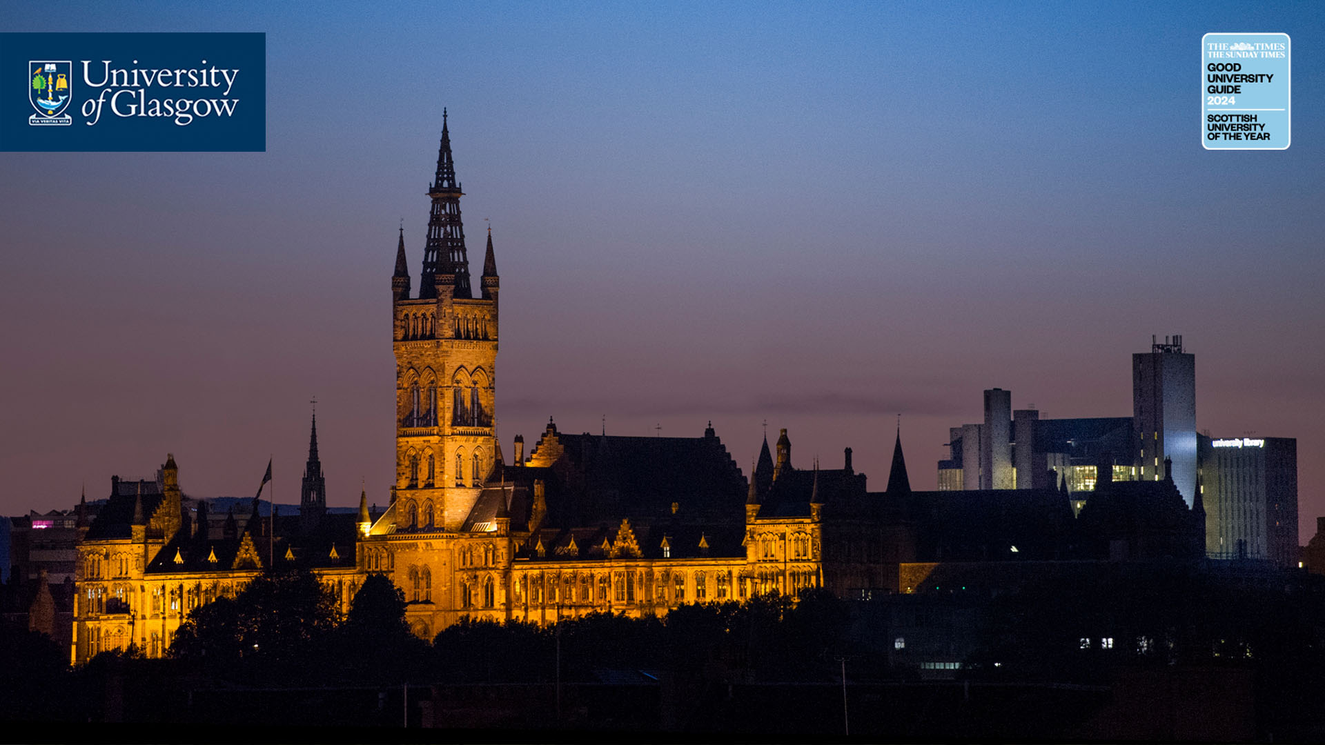 The Gilbert Scott Building pictured at sunset