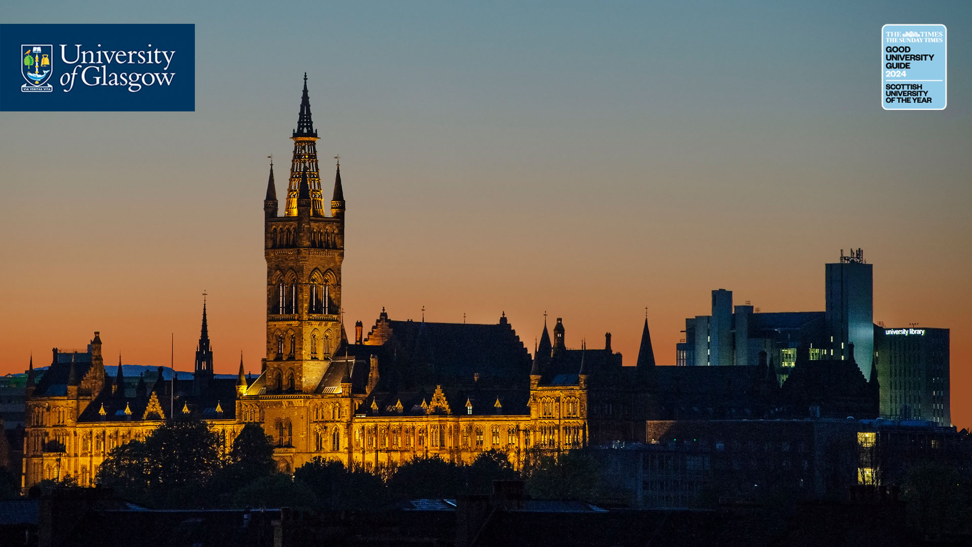 The Gilbert Scott Building at dusk