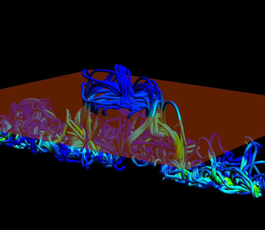 An image of simulations of the magnetic twists in the solar atmosphere produced by Dr David MacTaggart of the School of Mathematics & Statistics