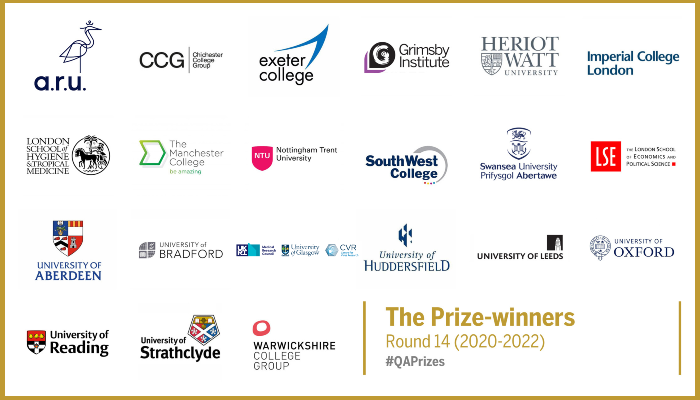 A graphic showing the logos of the 2021 Queen's Anniversary Prize winning institutions