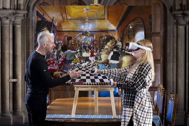 Artist David Mach beside his work The Flying Haggis with Dr Pauline Mackay, a Lecturer in Robert Burns Studies who has been leading with Edify on the creation of ‘Burns Beyond Reality’ VR platform at the University of Glasgow. Credit Martin Shields 