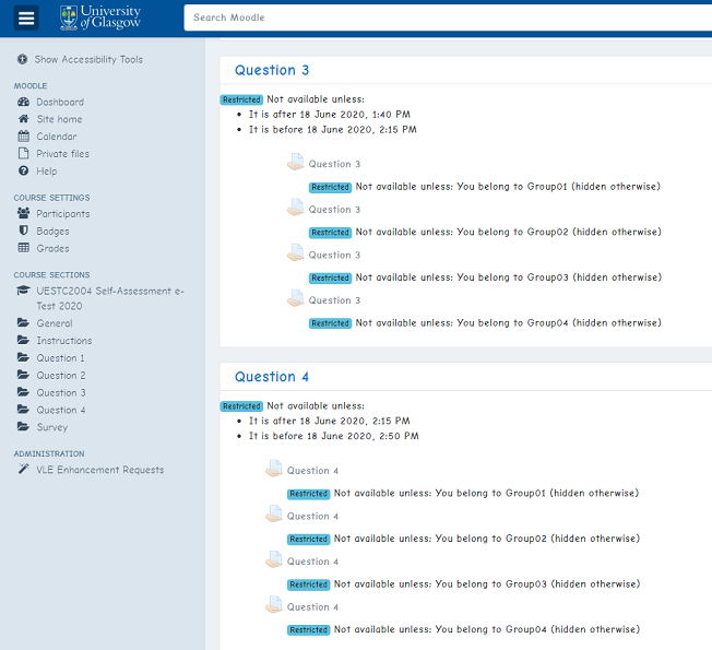 Questions set up on Moodle to support random secure groups for e-examinations