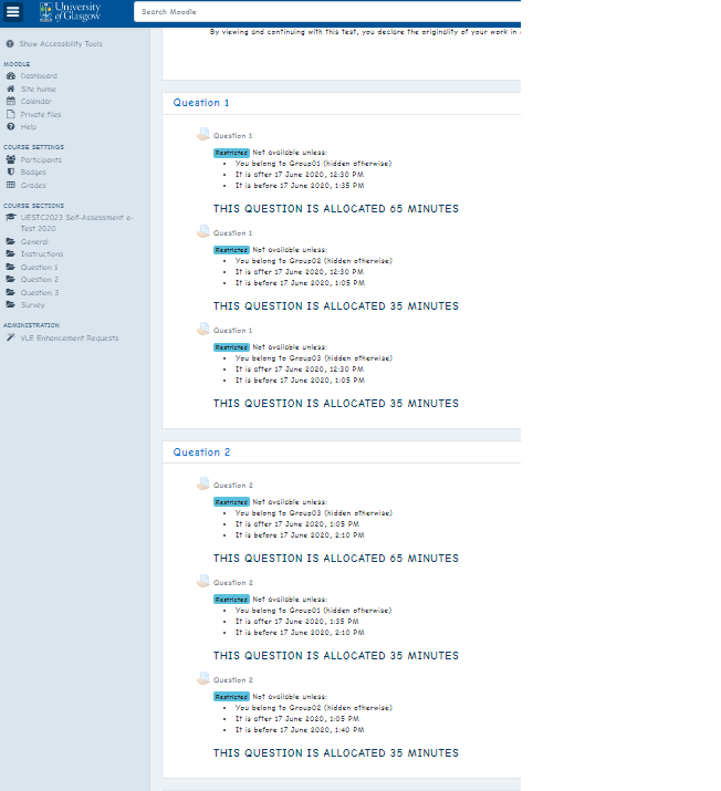 A snapshot / screenshot from three unequally timed questions of an end-of-term online assessment / e-examination depicting the timed and randomised constraints.