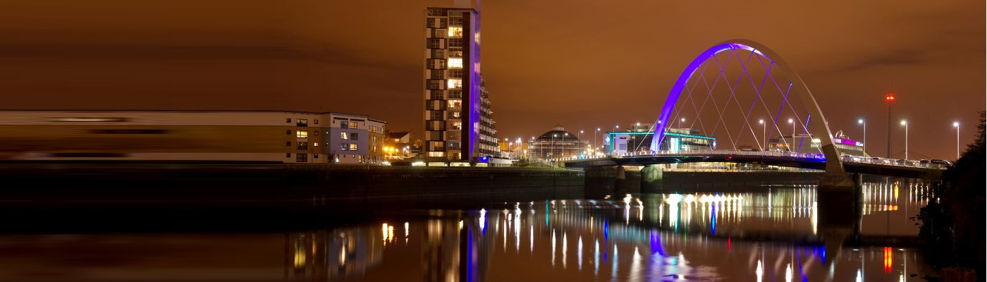 River Clyde and Clyde Arc Bridge lit up at night