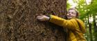 An image of a young girl hugging a tree. It is the main image for the new UofG FutureLearn Course looking at Young People and Covid