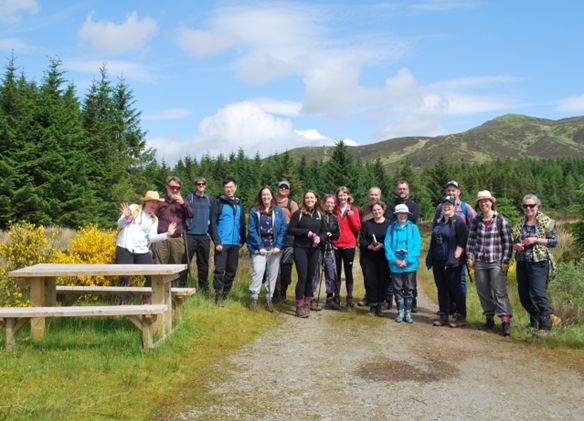 Group photo of the project participants, from left to right: Dr Nicole Smith (UoG), Ranger, Dr Michael Muir (UoG), Dr Jiren Xu (U of Leeds), Prof Jaime Toney (UoG), Aristotelis Palyvos (UoG), Maddy Ando (U of Manchester), Prof Anna Amtmann (UoG), Lizzie Robertson (UoG), Dr Derek Alexander (National Trust, Scotland), Dr Mel Giles (U of Manchester), Dr Andy Mills (Hunterian Museum), Prof Clare Wills