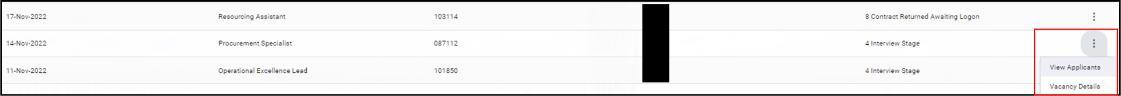 Screenshot from the XD HR System directing users to click on the three dots next to the vacancy and select View Applicants or Vacancy details on their Manager Dashboard