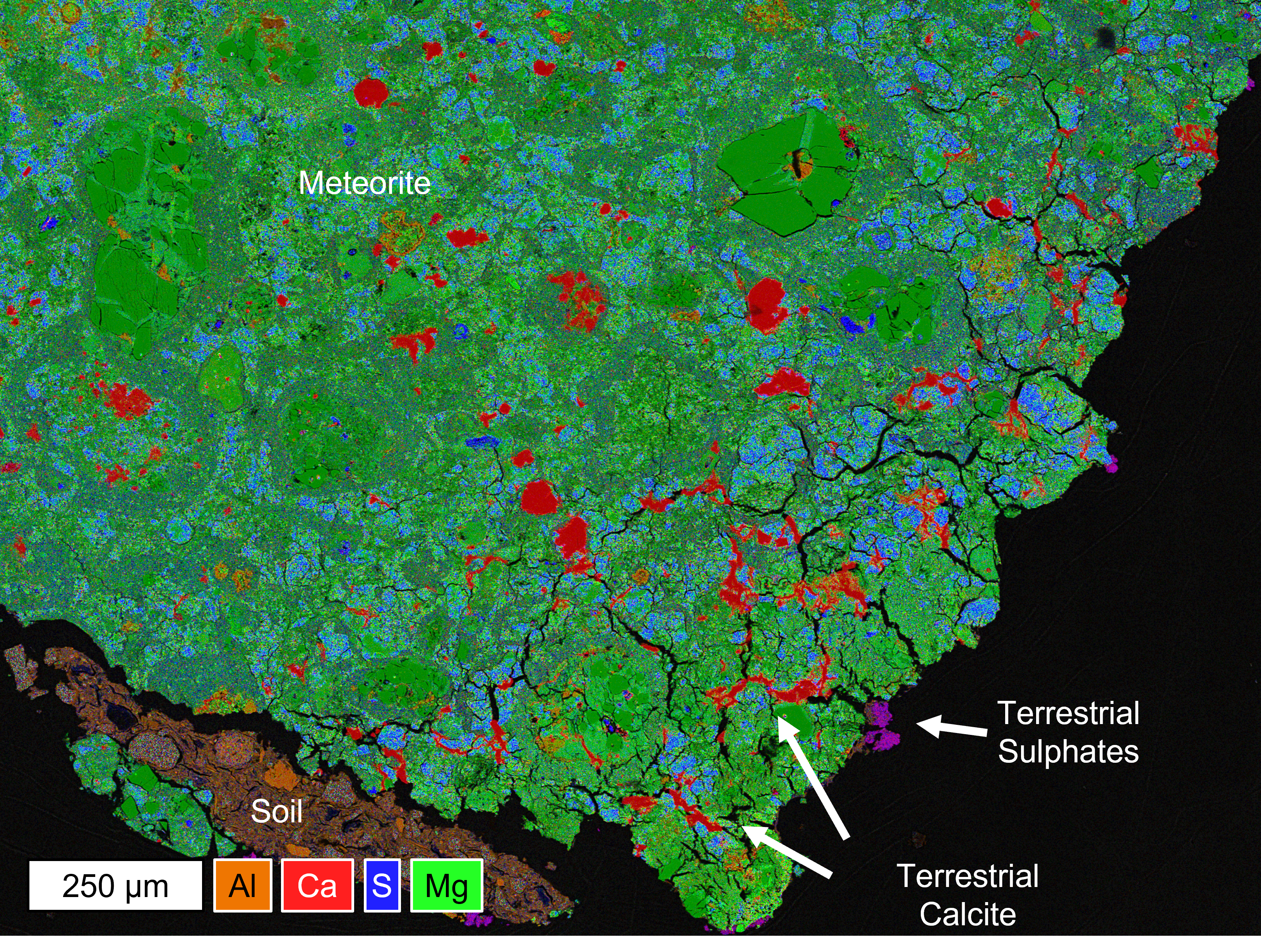 An electron microscope image of the Winchcombe meteorite showing terrestrial alterations