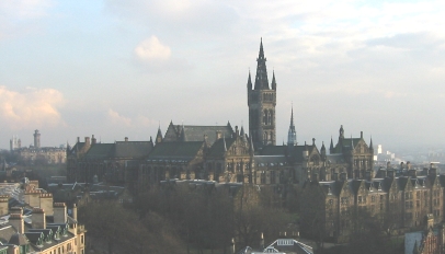 panoramic photograph of the central university campus with its medieval and postmedieval buildings on a cloudy and foggy day