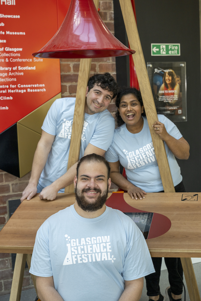 Zack, Gaargi & Giorgios- three University of Glasgow PhD students enjoying a Glasgow Science Festival event- Sound Installation at the Kelvin Hall. 