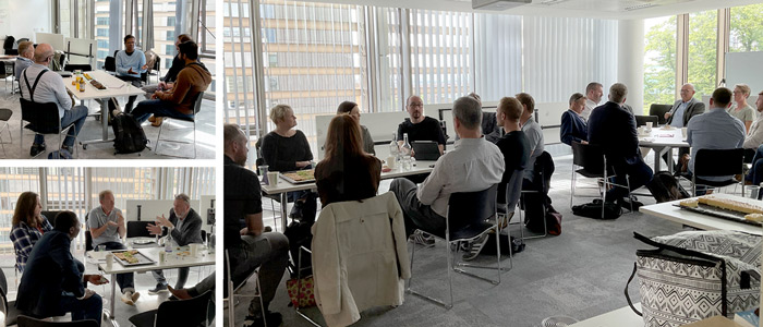 Three photos of people sitting around tables discussing the issues with EVs