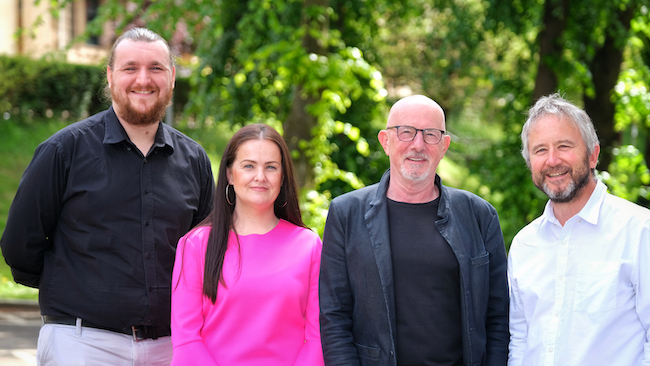 (l-r) Jack Parkinson, of the University’s School of Computing Science, STEM SPACE’s lead researcher; Aislinn Burke, from Glasgow City Council’s Glasgow’s Improvement Challenge team; Ewan Kirk, co-founder and co-chair of the Turner Kirk Trust; Professor Quintin Cutts, head of the University of Glasgow’s Centre for Computing Science Education and project director of STEM SPACE.  